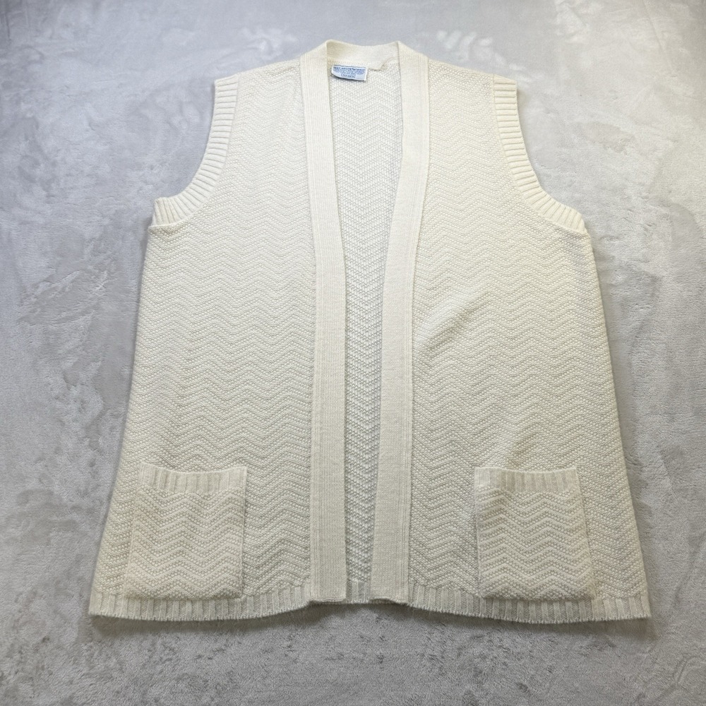 Vintage Sears Acrylic Sweater Vest Womens Open Front Cream Knit Pockets